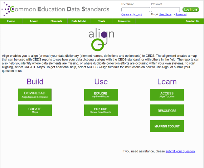 Screenshot of the CEDS Align Tool displaying the main features organized by supports that help users build their data maps, use reporting features, and learn the tool.